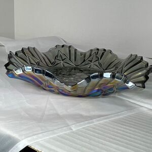 VTG Federal Glass Pioneer 10” blue smoke saw tooth edge fruit bowl